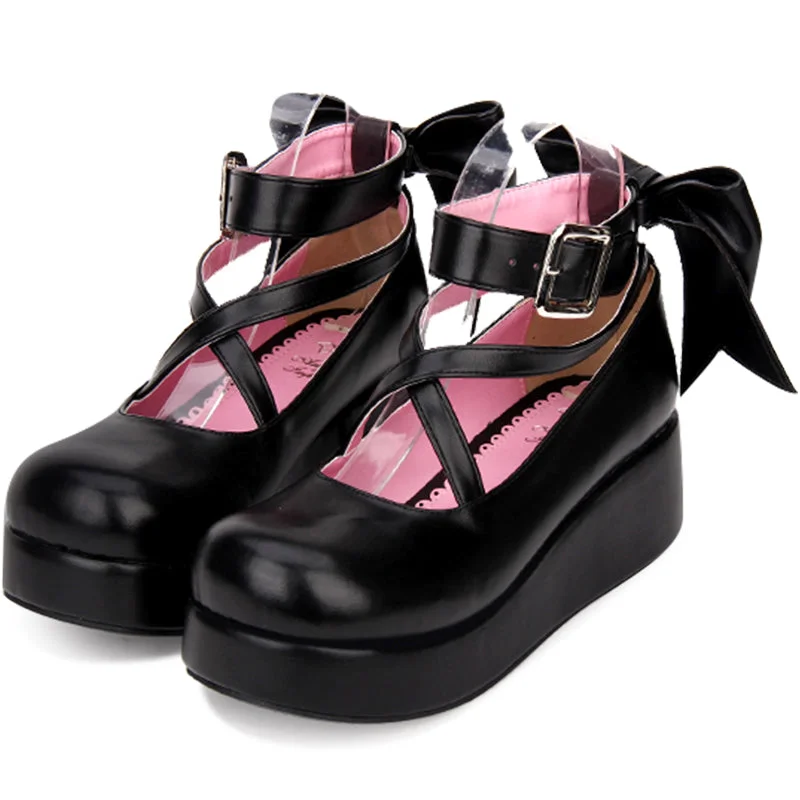 Angelic Imprint~Daily Lolita Leather Shoes Platform Medium Heel Big Bow Shoe