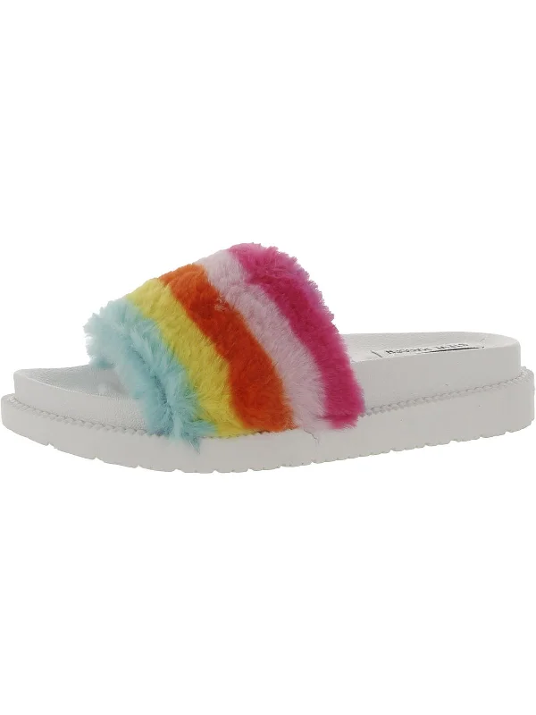 Sophlyn Womens Faux Fur Rainbow Slide Slippers