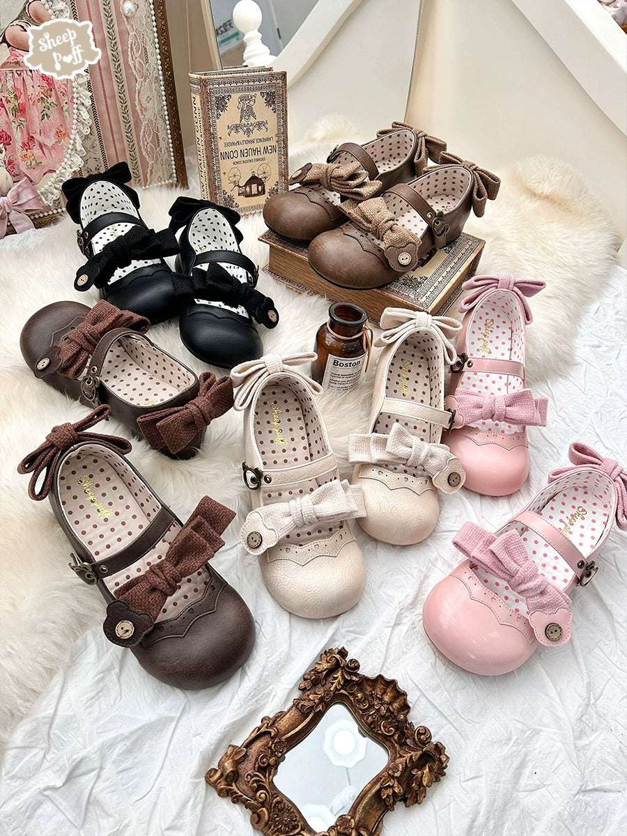 Sheep Puff~Bear Room~Sweet Lolita Shoes Double Bow Round Toe Flat Shoes